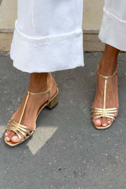 Sandales à talon bloc métallisées à bride en T et boucle
