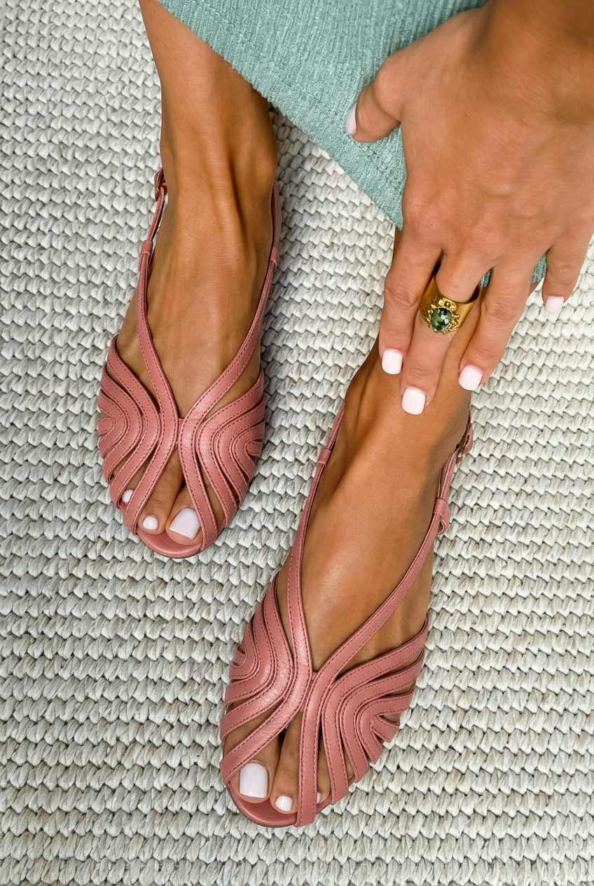 Sandales plates d'été rouges peep toe à brides effet cage en cuir