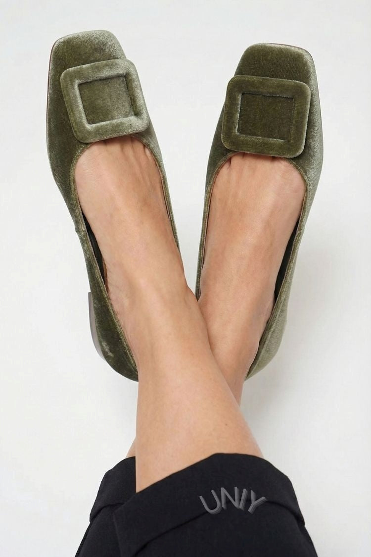 Ballerines souples en velours à boucle carrée et bout carré