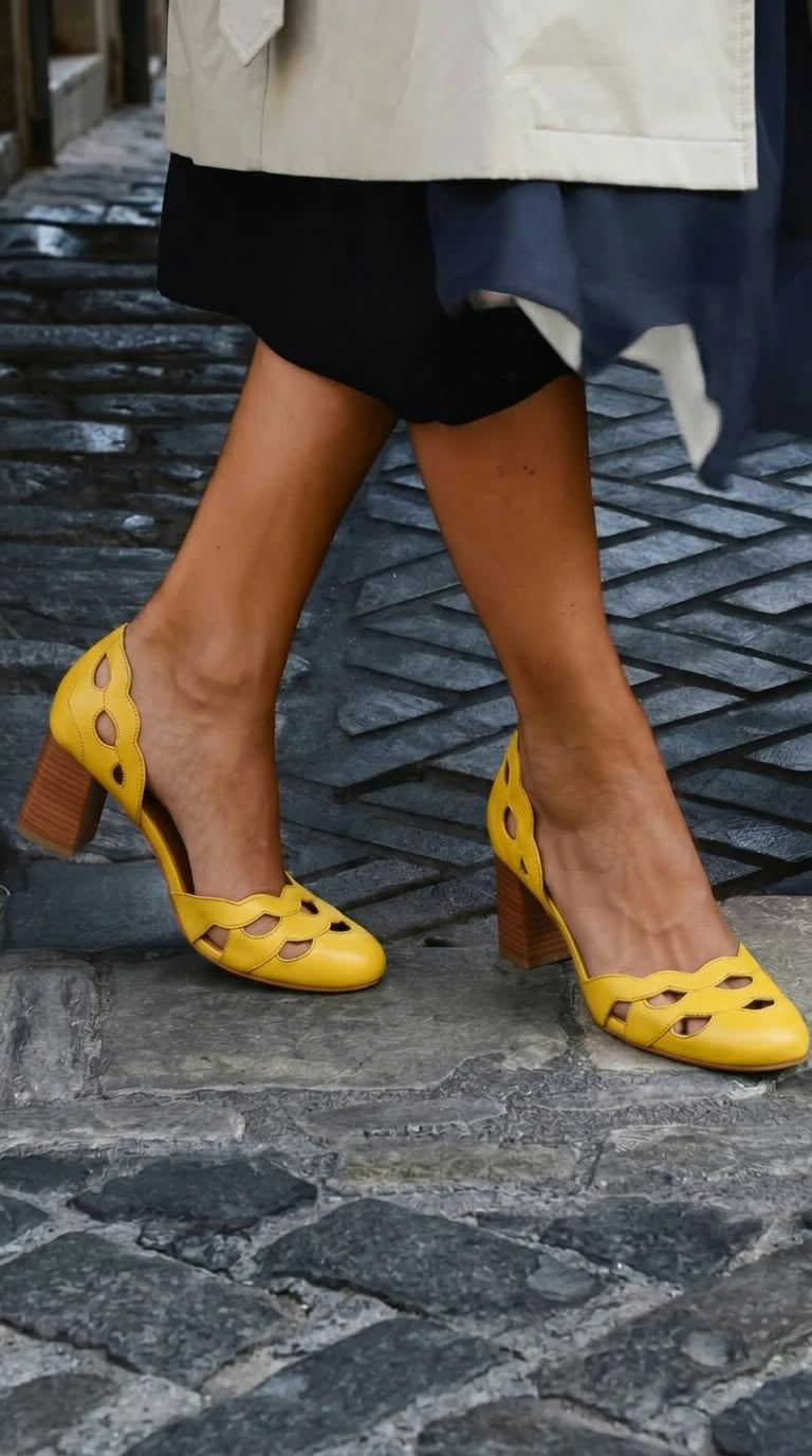 Escarpins à talon bloc cut-out festonnés chunky Cuir en cuir