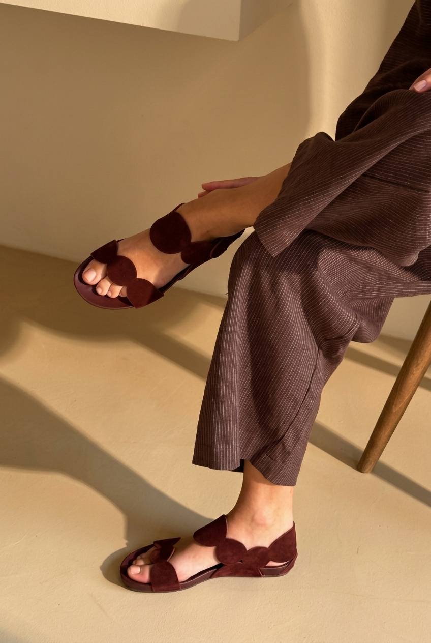 Sandales d'été plates bohèmes à brides festonnées bordeaux