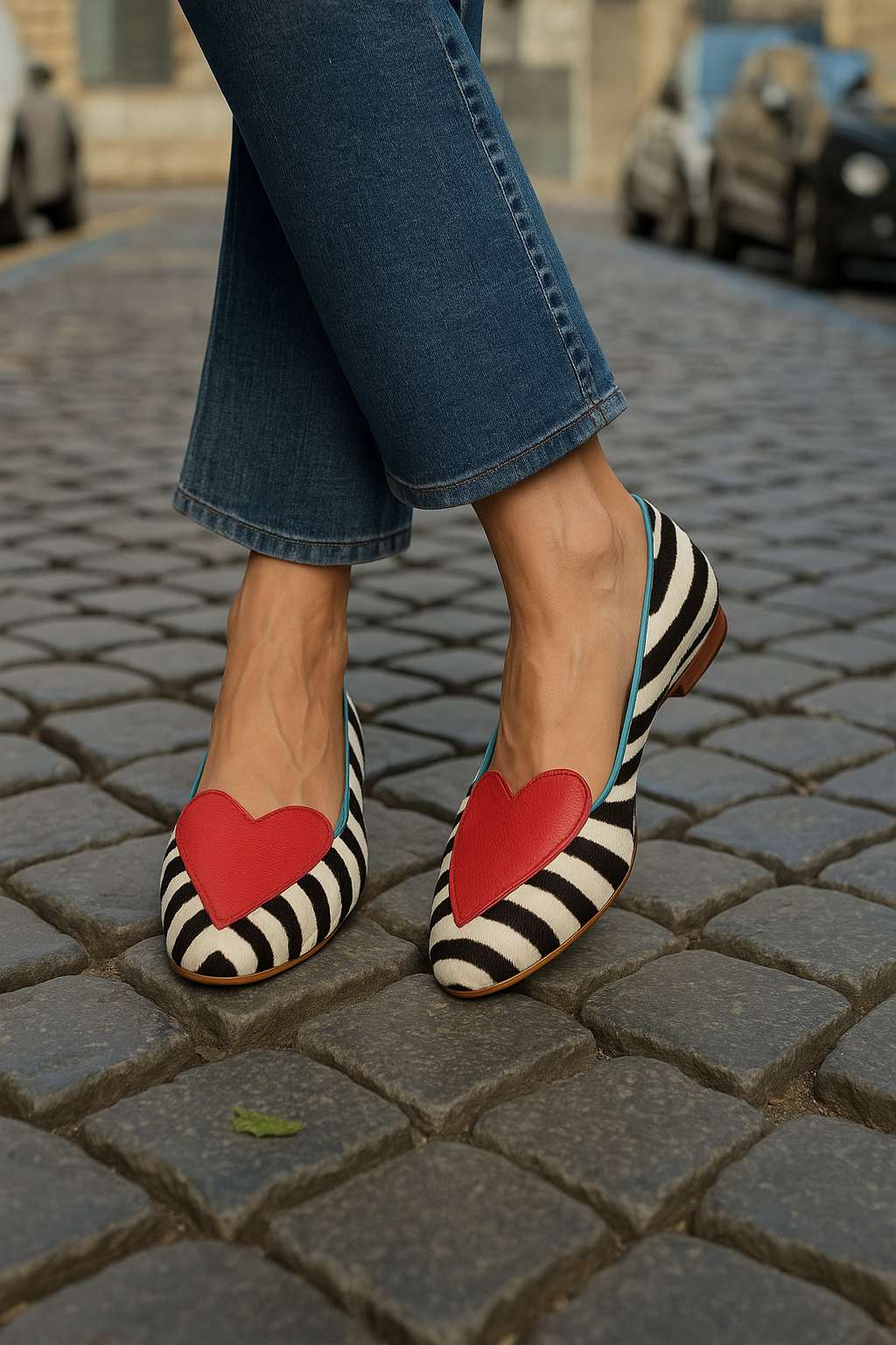 Ballerines décontractées à bout pointu, imprimé zèbre et détail cœur rouge