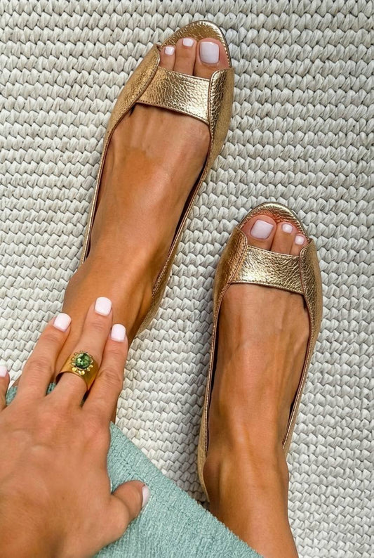 Ballerines peep toe métallisées texturées or champagne