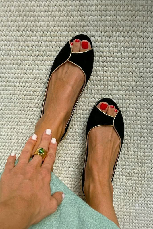 Ballerines habillées peep toe en daim à découpe tulipe