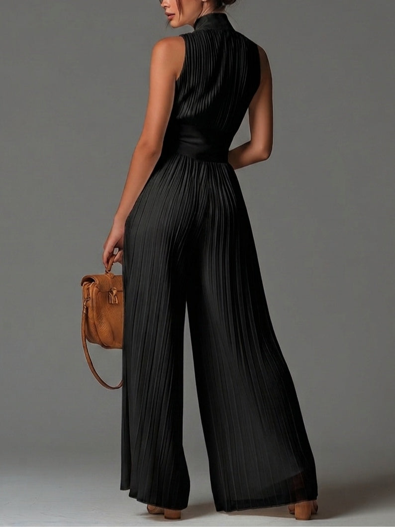 Vittoria · Combinaison noire en mousseline à col V, sans manches, zippée, plissée, pantalon large