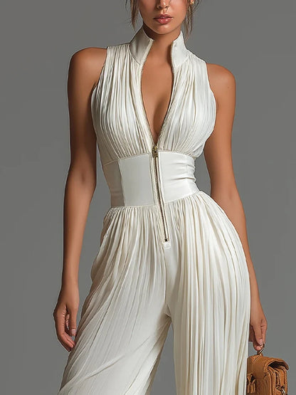 Vittoria · Combinaison noire en mousseline à col V, sans manches, zippée, plissée, pantalon large