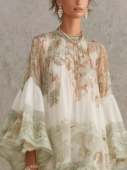 Solange | Robe courte asymétrique en mousseline verte à volants et manches cloches