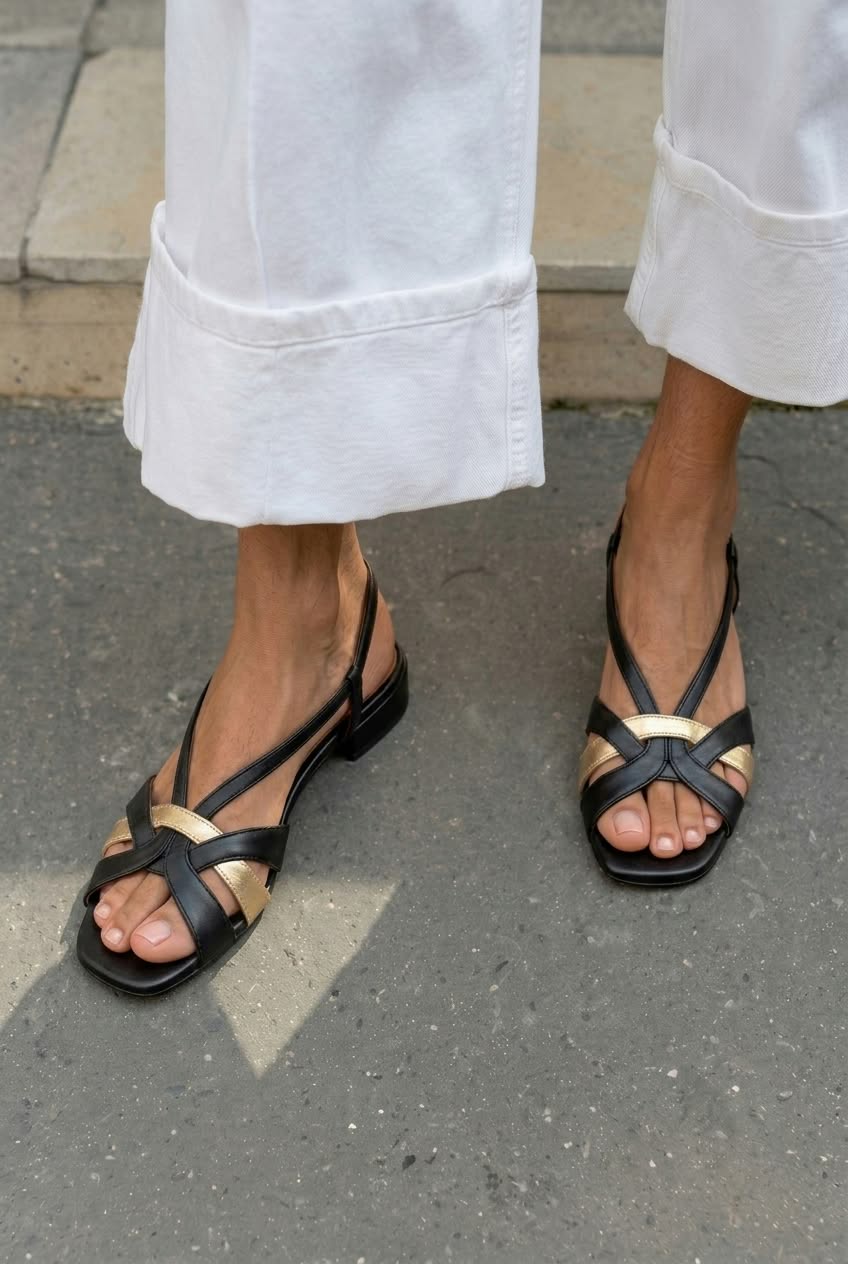 Sandales à brides croisées, bout carré et petit talon sans quartier