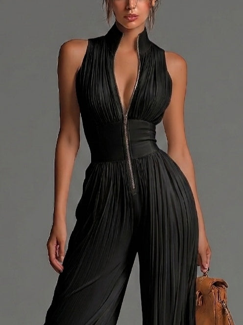 Vittoria · Combinaison noire en mousseline à col V, sans manches, zippée, plissée, pantalon large