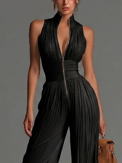Vittoria · Combinaison noire en mousseline à col V, sans manches, zippée, plissée, pantalon large
