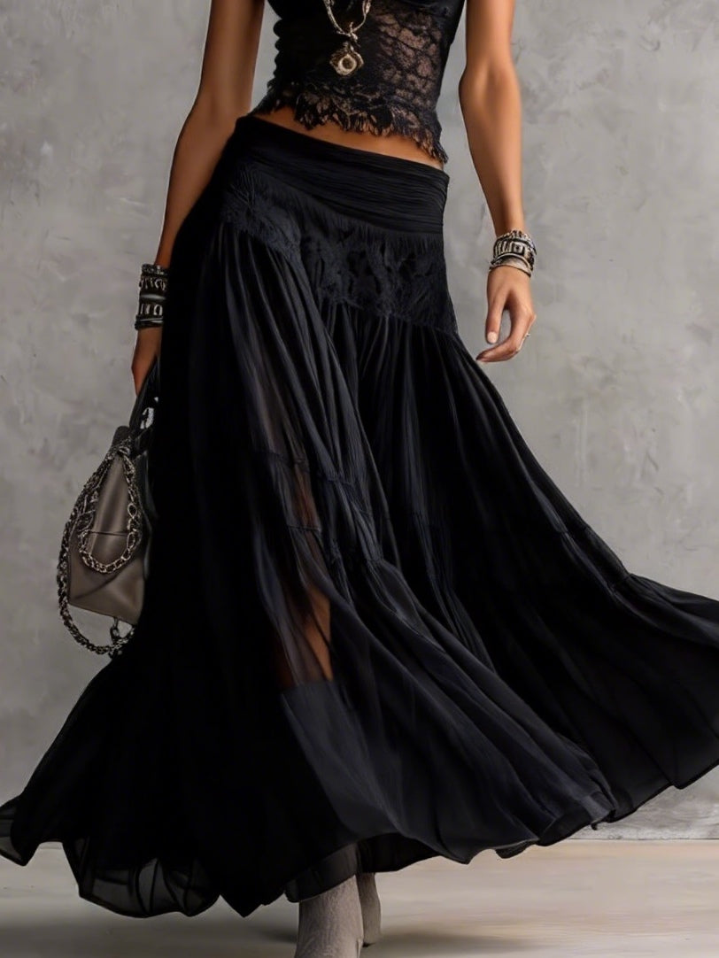 Ginevra · Ensemble top transparent à empiècements en dentelle noire et jupe longue plissée