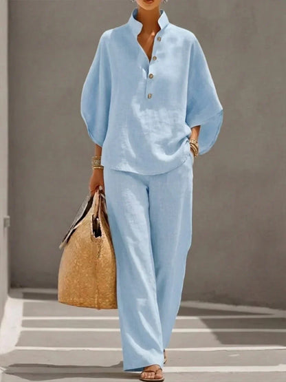 Sophie | Ensemble en lin avec manches chauve-souris et pantalon large